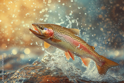 close view of a rainbow trout fish jumping out of river water