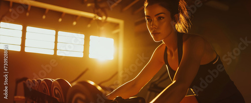 A woman exercising In the gym or fitness, woman exercises on an electric bicycle, light hot weather warm, hot girls Exercise, 80s,ultra wide background cover banner for website or ads. fitness