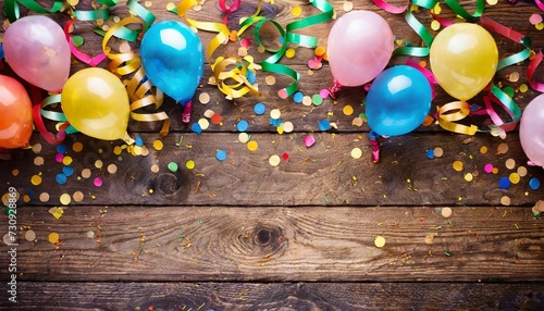 colorful carnival or party frame of balloons streamers and confetti on rustic wooden board