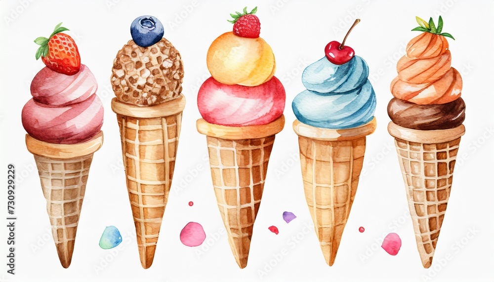 a set of six cartoon ice cream cones with different toppings watercolor clipart on white background