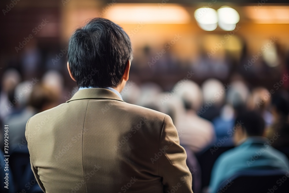 Rear view of people in audience at conference hall, speaker giving a talk at business event Rear view of people in audience at conference hall, speaker giving a talk at business event