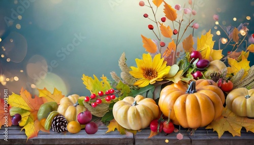 bright background with beautiful thanksgiving decorating pumpkins with fruits flowers vegetables and leaves ai generated © Leila