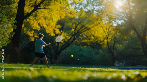 Athlete in motion playing badminton in a sunlit park, dynamic and vibrant. Concept of outdoor sports, activity, and fitness in nature
