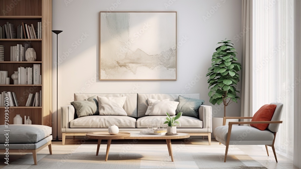 Fototapeta premium Scandinavian style living room with modern interior background showcasing a and illustrated poster frame.