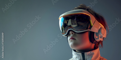 Serious child in VR headset, grey background, copy space. Child in futuristic VR headset, lost in digital daydream. Future gamer: Kid with VR gear imagines the possibilities, surfing in virtual world