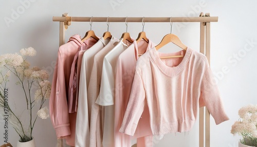 feminine clothes in pastel pink color on hanger on white background spring cleaning home wardrobe minimal fashion concept © Leila