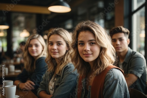 Happy multiracial friends in cafe, diverse young students talk enjoy coffee at coffeehouse meeting, multicultural people sit at table having fun together multi-ethnic friendship. AI generated