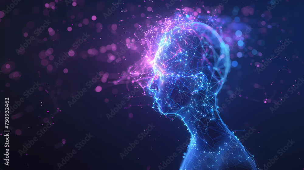 Abstract human head with blue luminous brain and network dot,Neuroscientist ,Machine learning,Deep learning.Artificial intelligence concept. Abstract human head with blue luminous brain and network dot,Neuroscientist ,Machine learning,Deep learning.Artificial intelligence concept.
