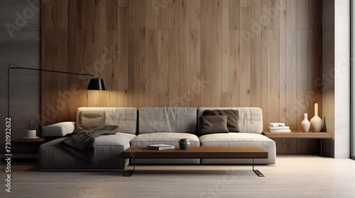 Minimal style interior design with wood wall, grey sofa, and . photo