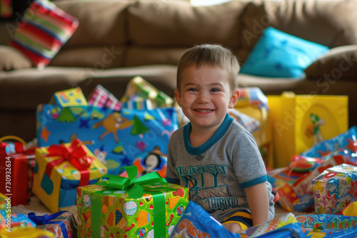 little boy with many birthday gifts around