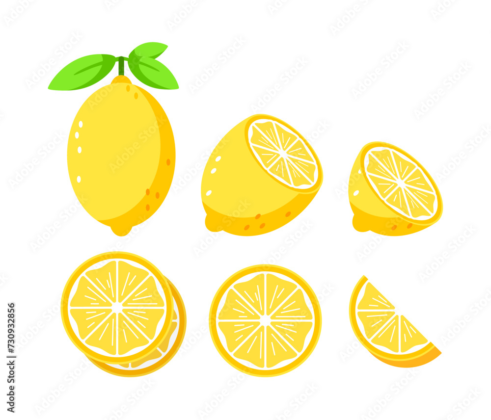 Set depicting whole and cut lemons with leaves, ideal for culinary and health themes
