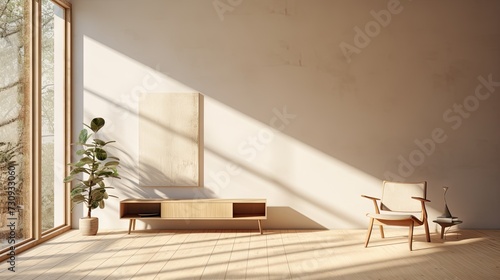 a minimalist interior design with a sunlit room and shadowed wall.