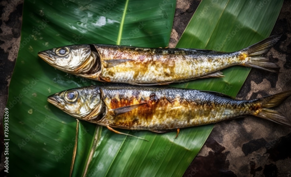 grilled fish on banana leaves