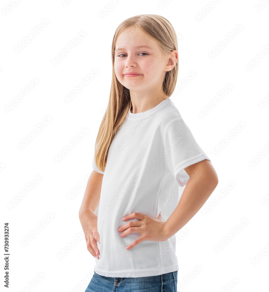 Beautiful little girl posing in a white blank t-shirt isolated on a white background Beautiful little girl posing in a white blank t-shirt isolated on a white background