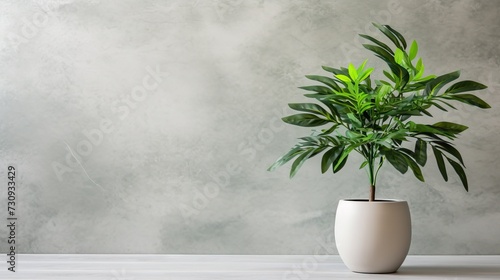 Stunning faux plant in pot on marble table by brick wall, blank area for text.
