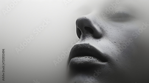 black and white photo of a female face through a layer of fog