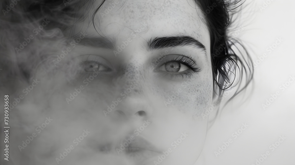 black and white photo of a female face through a layer of fog