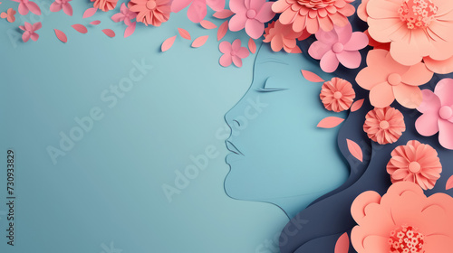 serene blue background with woman's face in paper art style for women's day celebration © Klay