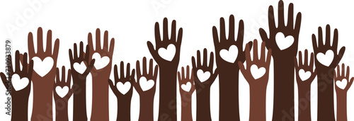 Hands up. Multicultural people of different skin tones and colors. Stop racism. Black lives matters. Demonstration, revolution