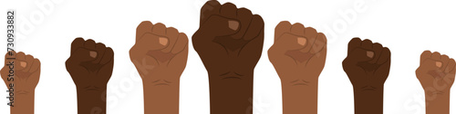 Hands up. Raised fists of multicultural people of different skin tones and colors. Stop racism. Black lives matters. Demonstration, revolution