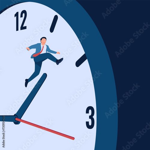 Man jumps over clock hands, metaphor for race against time. Simple flat conceptual illustration.