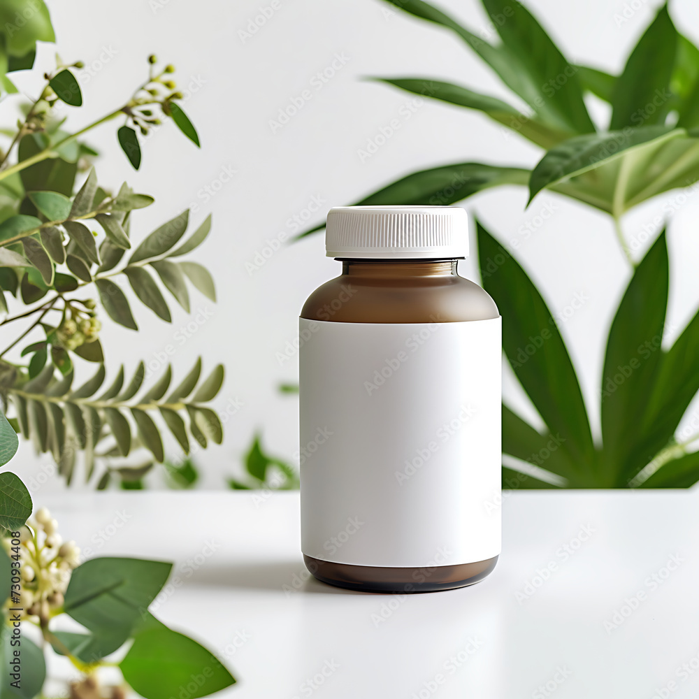 A mockup of a blank supplement bottle white background with plants A mockup of a blank supplement bottle white background with plants