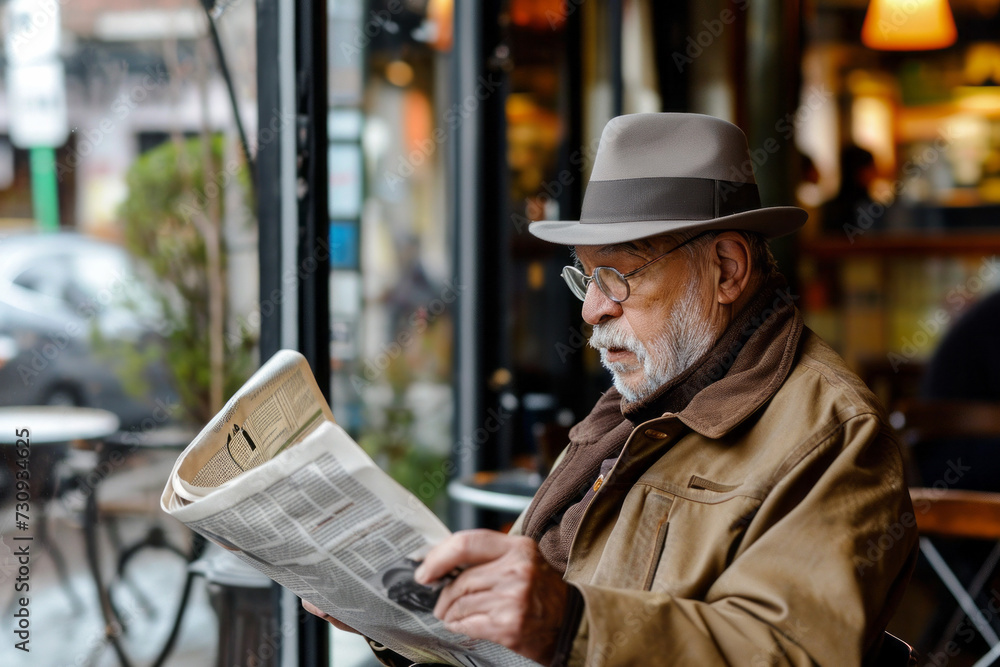 Elderly Man Reading Newspaper at Table Elderly Man Reading Newspaper at Table