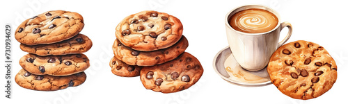 set of Chocolate chip cookies in a pile, png isolated on a white background, watercolor clipart illustration bundle
