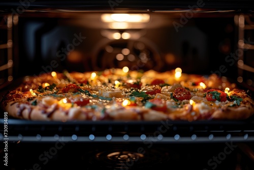 View inside the oven tray baking pizza professional advertising food photography photo