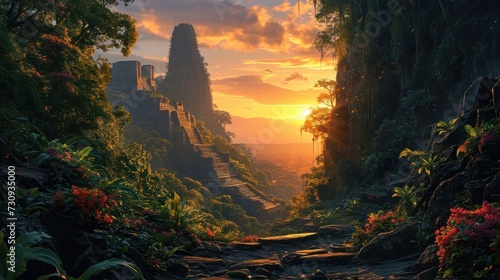 Capture the majesty of an Ancient rainforest landscape at sunset with towering temples and vibrant flora illuminated by the setting sun