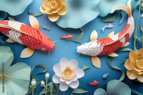 koi fishes and lotuses flowers paper cut used for decoration and lunar new year poster photo