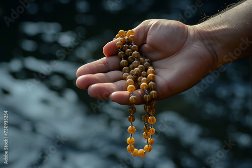 A muslim man holds up a prayer rosary photo