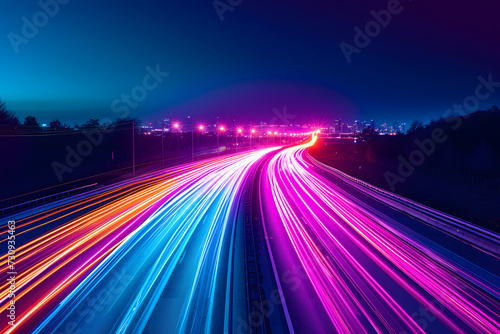 an urban background of bright light trails on a road