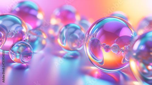 Super reflective, holographic abstract shapes and balls in surreal environement
