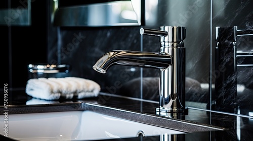 Chromium plated faucet on a sink.