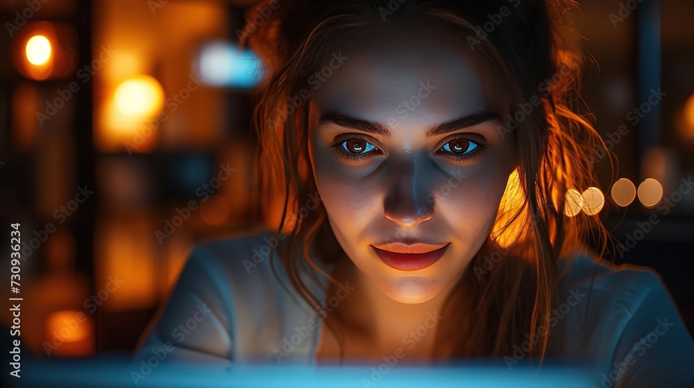 A mesmerizing young woman's face glows from the light of a tablet, with the soft bokeh of room lights in the background. A mesmerizing young woman's face glows from the light of a tablet, with the soft bokeh of room lights in the background.