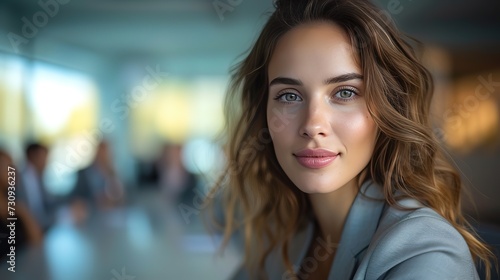 Close-up of a young, confident professional woman with a soft smile, poised in a bright, modern office setting.