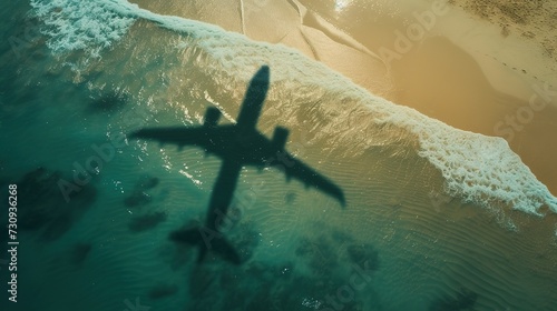 The shadow of an airplane cast upon clear ocean waters next to a sandy beach, with waves gently breaking onshore.