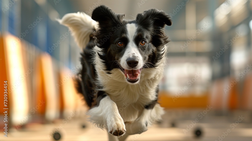 A spirited Border Collie showing off its agility on a roller rink