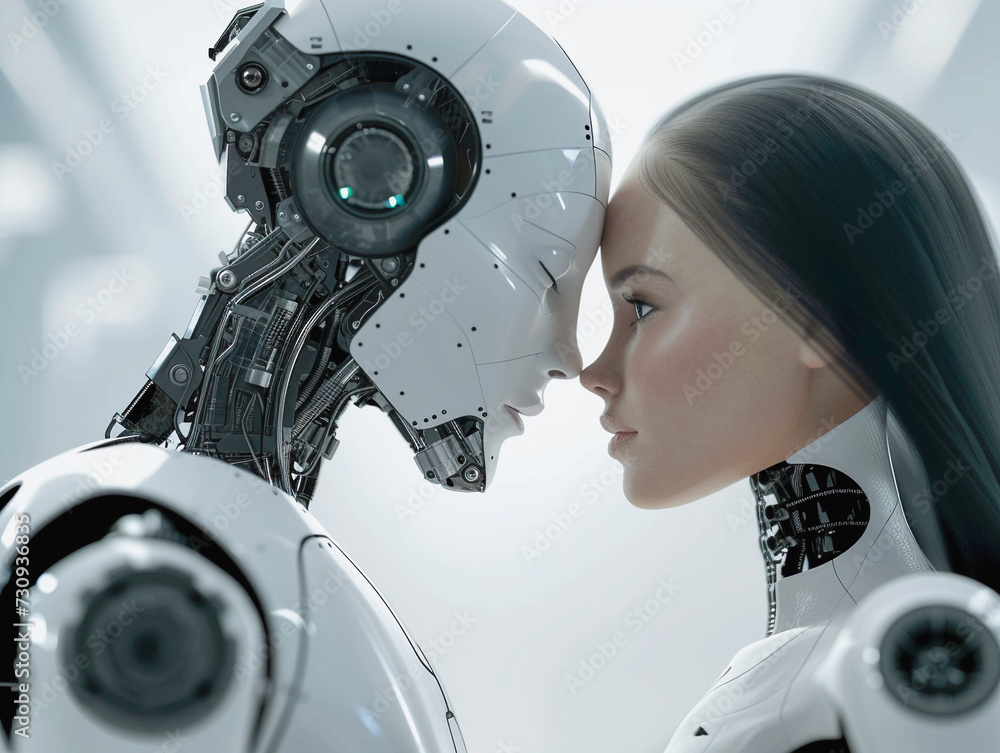 Pair of male and female cyborgs, partnership between robots, feelings and machines Pair of male and female cyborgs, partnership between robots, feelings and machines