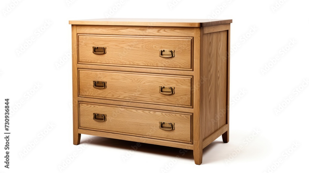 Side view wooden chest of drawers made from solid American oak with solid brass hardware, isolated on white background. It includes four drawers, a wood dresser mirror, bureau, and cabinet. Side view wooden chest of drawers made from solid American oak with solid brass hardware, isolated on white background. It includes four drawers, a wood dresser mirror, bureau, and cabinet.