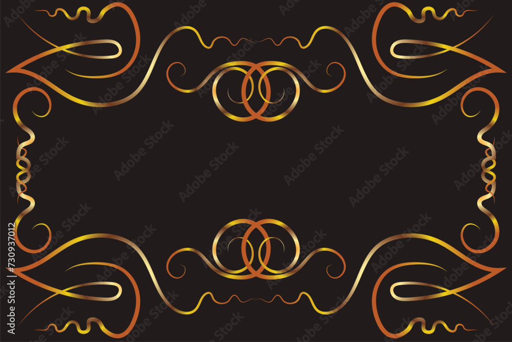 Symmetrical fantasy ornament with swirls. Ornament, applique, background with space for an inscription. Gold gradient on a black background for printing on fabric, applique and cards.