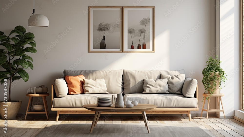 Naklejka premium Beautiful living room interior featuring a grey Scandinavian sofa, wooden furniture, and pillows.