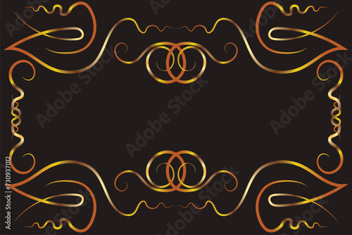 Symmetrical fantasy ornament with swirls. Ornament, applique, background with space for an inscription. Gold gradient on a black background for printing on fabric, applique and cards.