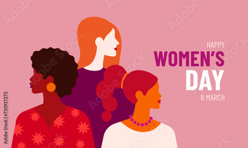 nternational Women's Day. Vector horizontal illustration in modern minimalist style of three diverse women's portraits. Place for your text. photo