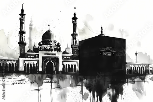 Kaaba and Madina is shown in black and white sketch photo