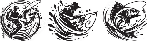 Angler catching fish, dynamic silhouette photo