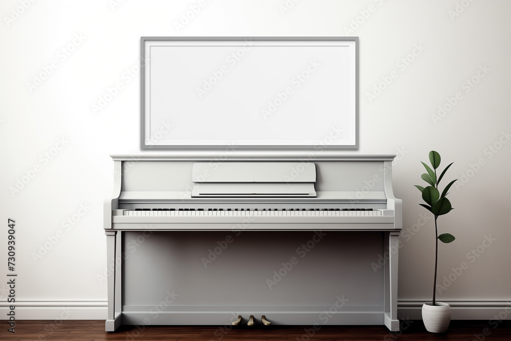 Frame mockup with copy space to place text on top of a white piano. World piano day. Isolated musical instrument concept.