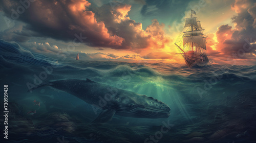 sunset over the sea with blue whale and sailing ship © Maizal