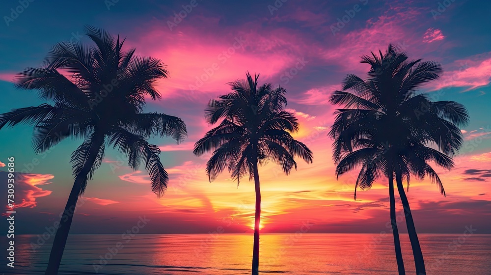 A captivating silhouette of palm trees against a tropical beach sunset, evoking the serene beauty of a coastal paradise